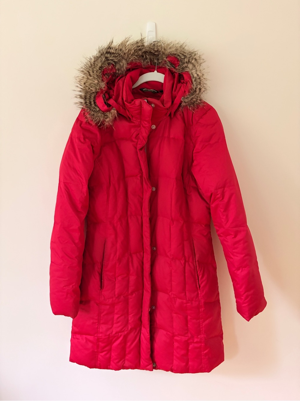 Eddie Bauer Red Quilted Goose Down Puffer Coat with Faux-Fur Hood